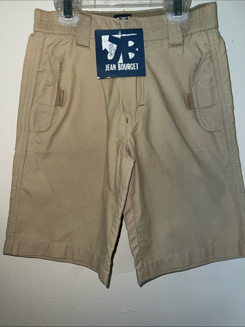 Tan Cargo Shorts with Velcro Pocket Flaps and Cool Bora Bora Island Patch​